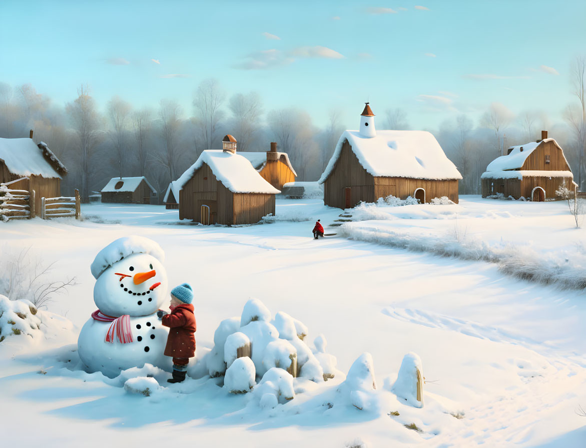 Child in winter coat next to snowman in snowy village with sledding person