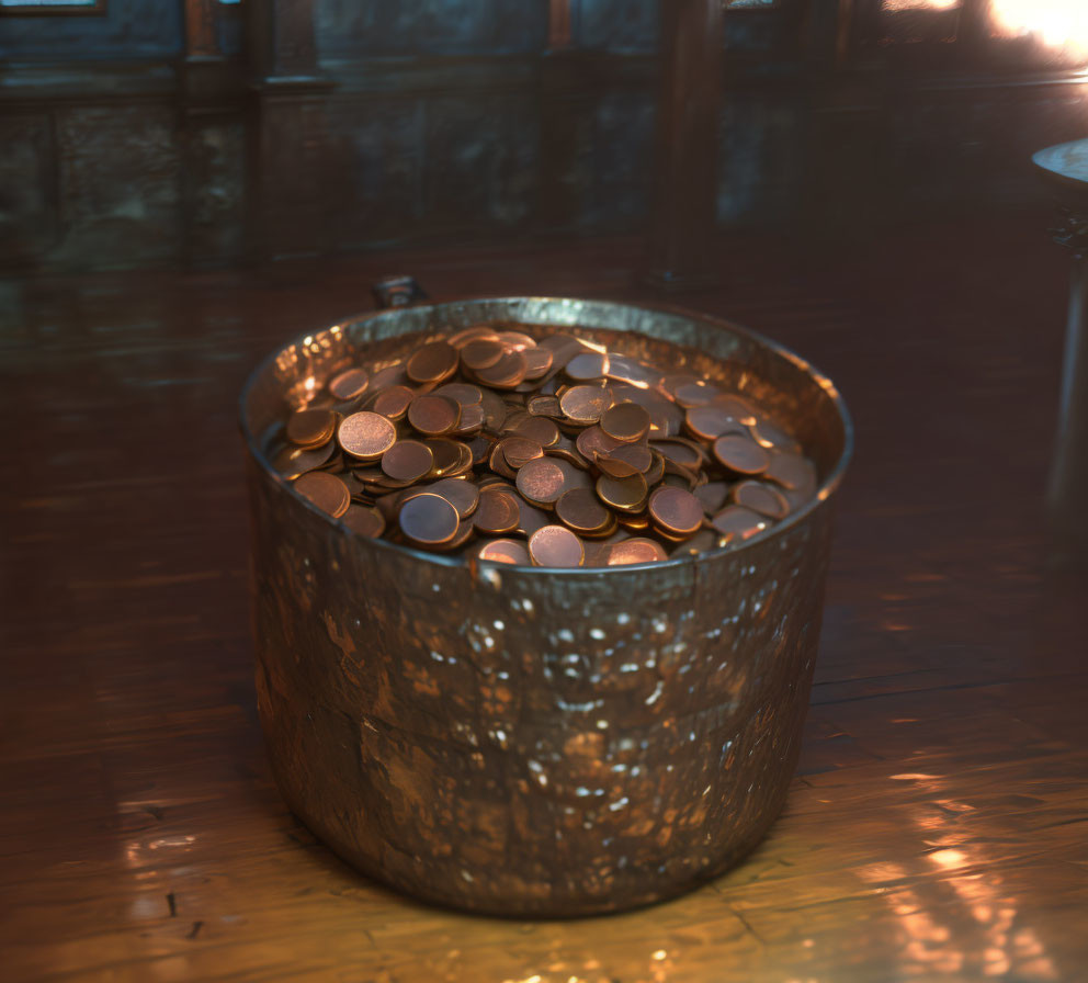 Weathered bucket filled with coins on shiny wooden floor