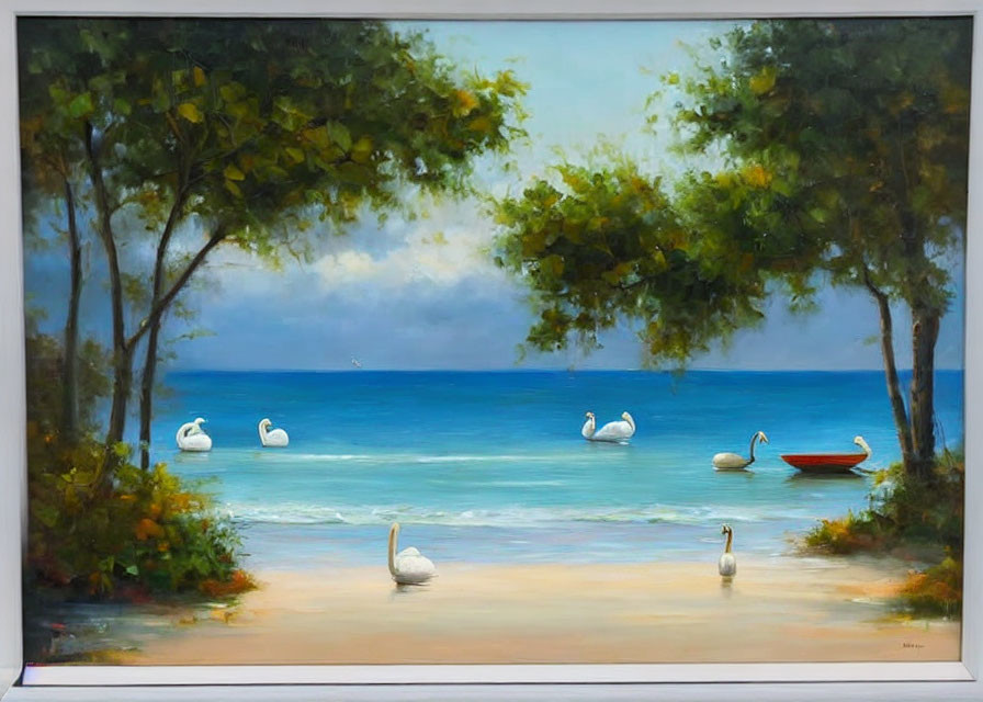 Tranquil beach painting with swans, red boat, lush trees