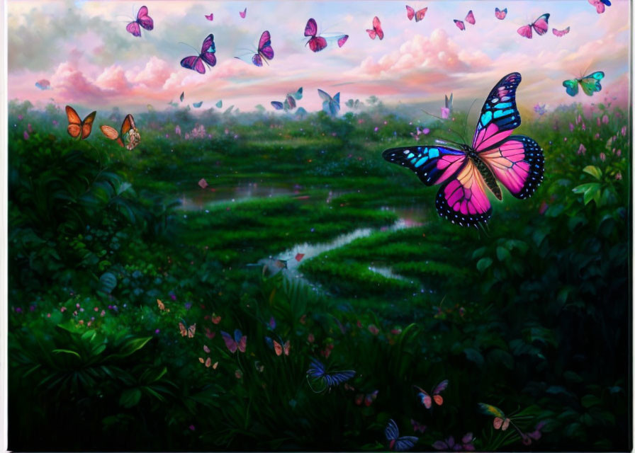 Colorful butterflies fluttering over lush wetland under purple sunset.