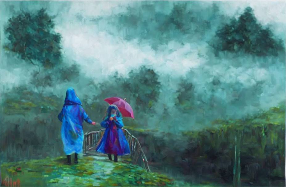 Two individuals in raincoats with pink umbrella crossing misty bridge.