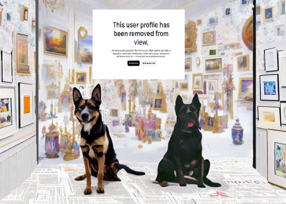 Two dogs in art gallery with paintings and newspaper-covered floor; sign reads "user profile removed