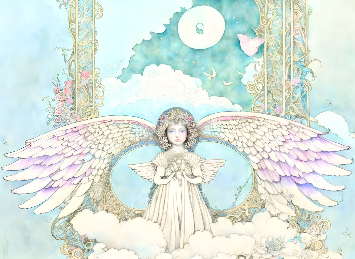 Child Angel with Multicolored Wings Surrounded by Clouds and Crescent Moon