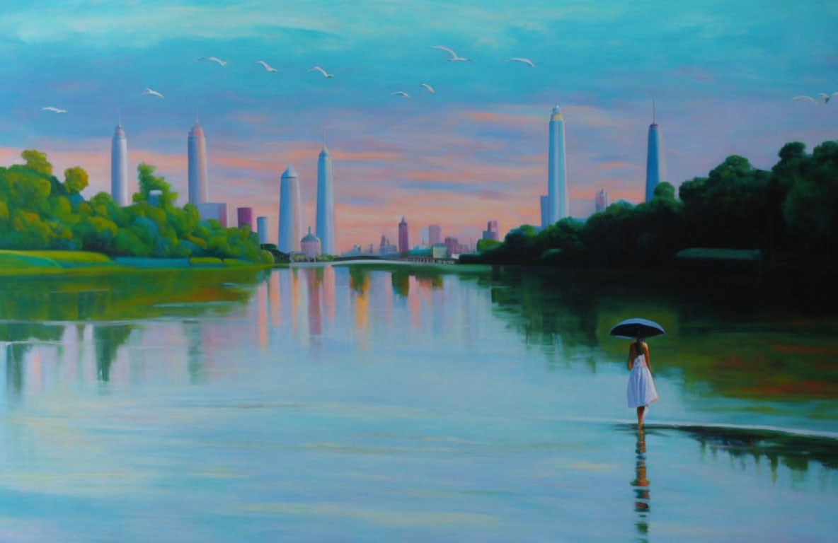 Solitary figure with umbrella near reflective water, colorful city skyline and birds.