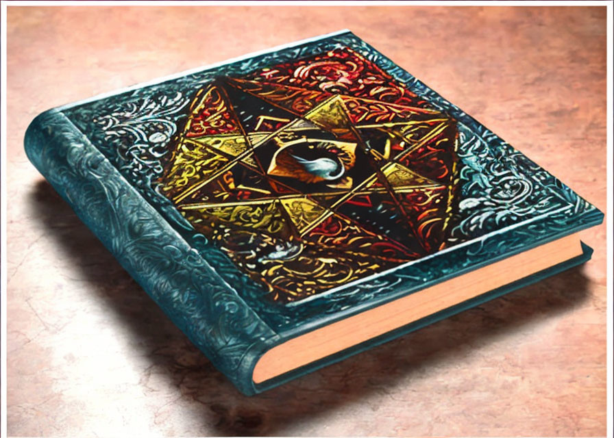 Ornate pentagram-themed hardcover book on textured surface