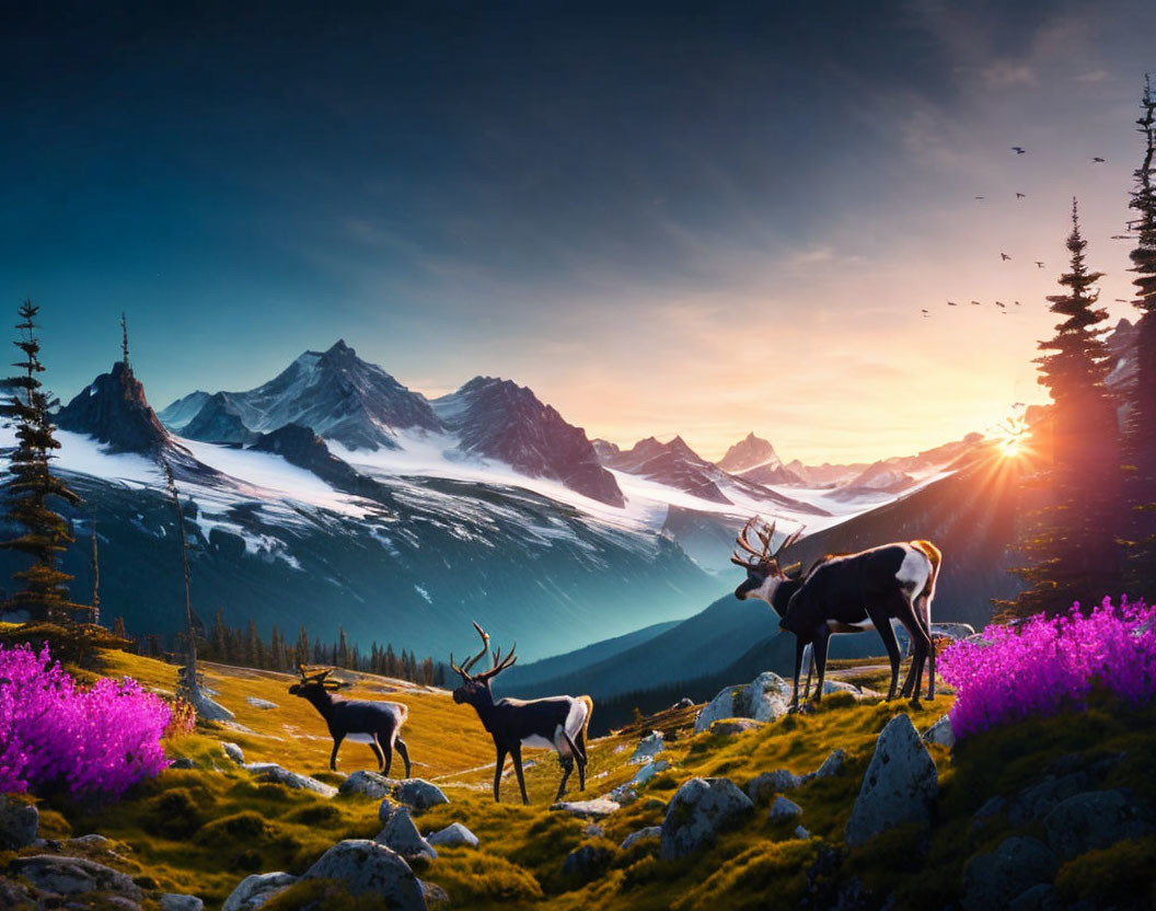 Mountain landscape at sunset: reindeer grazing, vibrant flowers, colorful sky