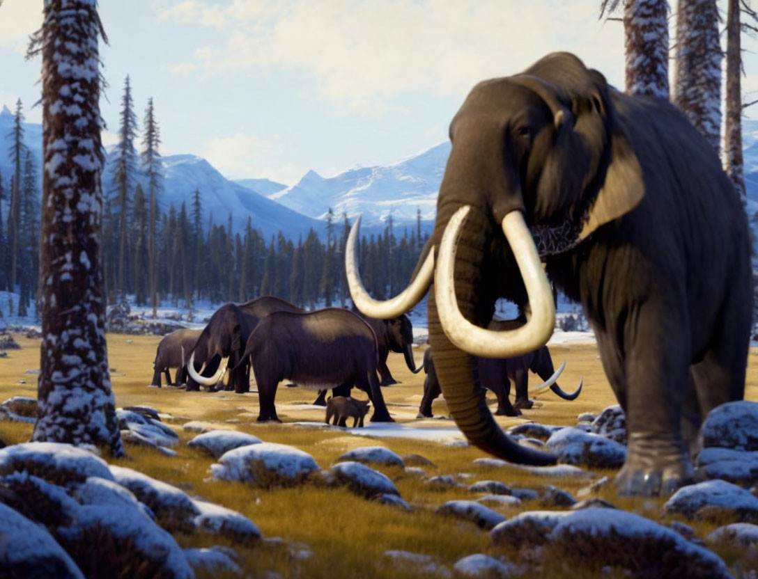 Prehistoric mammoths in snowy landscape with pine trees