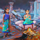 Two girls in colorful dresses by ancient ruins, one standing gazes, one seated clasps hands.