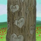 Tree painting with heart carvings and "LOVE" word in meadow scene