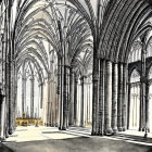 Detailed Sketch of Cathedral Interior with Gothic Arches and Columns