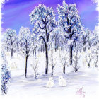 Snow-covered trees and white rabbits in serene winter landscape