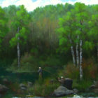 Impressionist-style painting of person fishing by lush lakeside