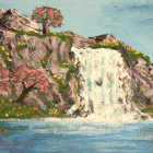 Tranquil waterfall scene with cherry blossoms and birds