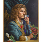 Portrait of person with curly hair holding glass in blue and gold jacket with heart emblem, by rose and