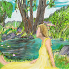 Tranquil illustration of woman by stream in lush forest