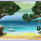 Tranquil beach painting with swans, red boat, lush trees