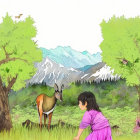 Young girl in purple dress meets deer in lush meadow with mountains