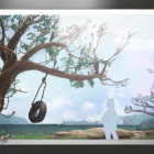 Child near tire swing under pink blossomed tree against cloudy sky & hills