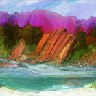 Colorful Landscape Painting: Rushing River, Waterfalls, Tropical Flora