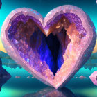 Heart-shaped cave entrance with purple and orange crystals in a digital artwork