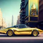 Golden classic sports car on urban street with sunny buildings.