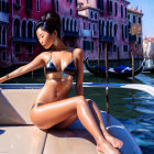 Anime-style girl in bikini on boat with Venetian architecture.