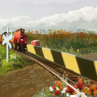 Colorful Field with Vibrant Flowers and Approaching Train at Crossing