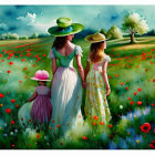 Three individuals in summer dresses and straw hats walking in a field of red poppies and blue wildflowers