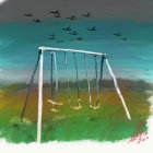 Children on swing set in grassy field with birds in cloudy sky