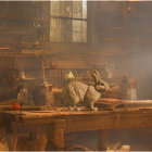 Artwork: Two rabbits in woodwork workshop with tools and natural light