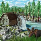 Scenic landscape with wooden cabin, waterfall, greenery, and moose.