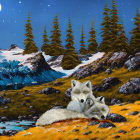 White Wolves in Vibrant Landscape with Pine Trees, Mountains, River, and Full Moon