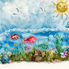 Colorful Underwater Scene with Fish, Corals, Sun, and Birds
