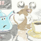 Illustrated mouse in chef's hat with teapot and cup in soft pastel colors