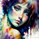 Vibrant digital artwork of a woman with colorful paint effects