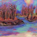 Serene stream painting with autumn trees and colorful leaves