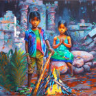 Children by small fire in ruins, boy with stick, girl in blue dress.