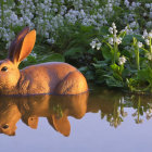 Wooden Rabbit Figurine Next to White Flowers Reflecting on Calm Water