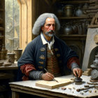 Historical Attire Man at Workshop Bench with Tools and Pottery