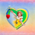 Ornate heart frame with angelic children and red bird on pastel background