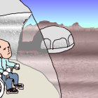 Digital artwork: Person in wheelchair viewing futuristic pods over desert landscape