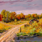 Tranquil autumn landscape with dirt road, barn, shed, trees, stream, and dramatic sky