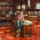 Young person reading large book in cozy library with sunlight.