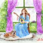 Woman in blue dress playing mandolin by window with dog