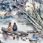 Couple on Fallen Tree by Tranquil Lake at Twilight