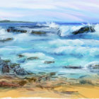 Impressionistic painting of rocky shoreline with crashing waves