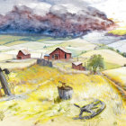 Rural watercolor painting: farmlands, red barns, rolling hills, storm clouds,