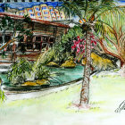 Vibrant Watercolor Painting: Tropical Beach Scene with Thatched Hut, Palm Trees, and Bird