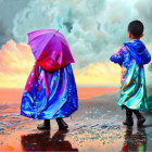 Children in colorful capes with umbrella on wet beach under vibrant sky