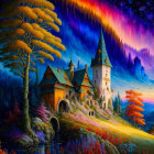 Castle painting in vibrant landscape with aurora night sky